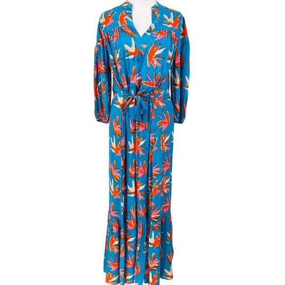Oliphant XS Maxi Dress Blue Tropical Floral Print Belted Tassel Resort Vacation - Picture 1 of 13